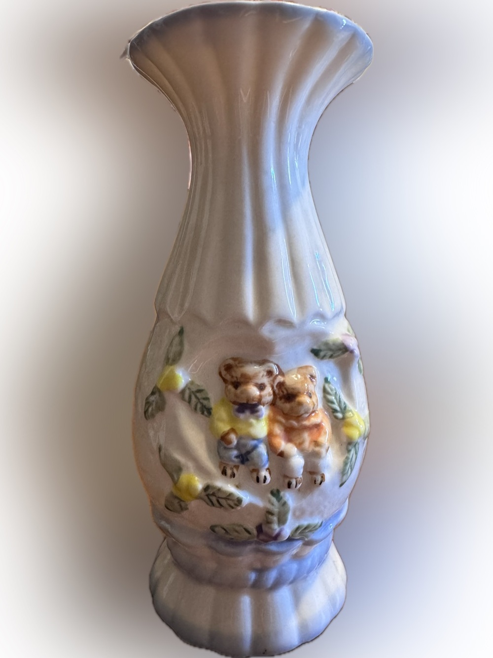 Ceramic White Vase with Embossed Teddy Bear Motif